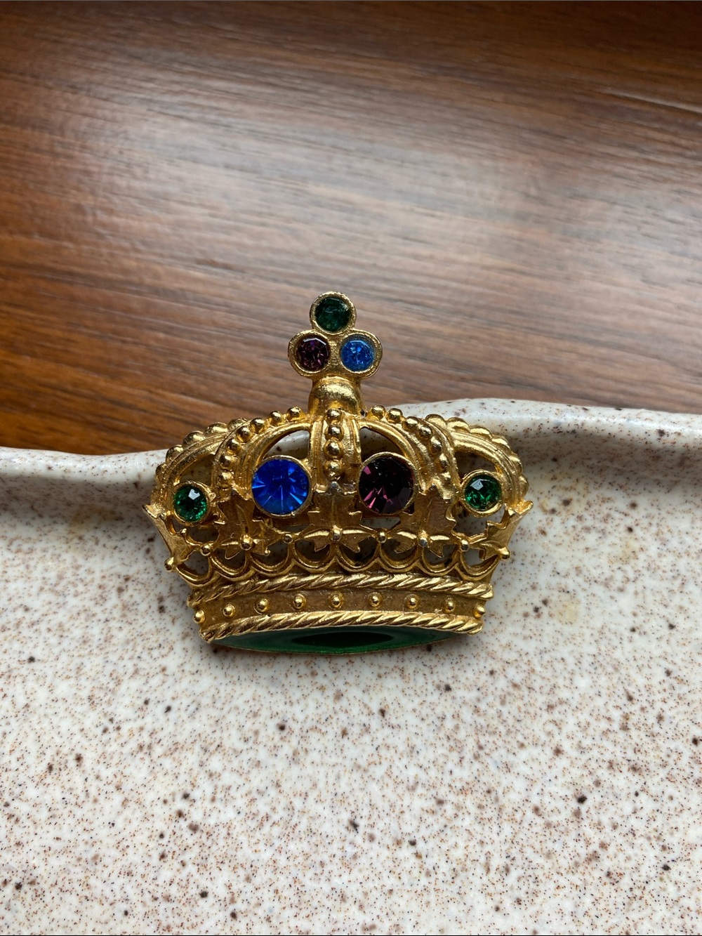 Vintage Gold Crown Brooch with Blue, Green, Purple and Pink Rhinestones
